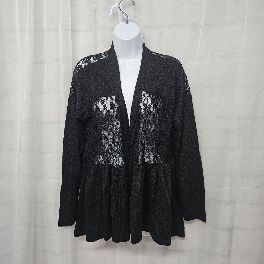 Black Lace Knit Cardigan Twee Coquette Whimsigoth Ribbed Sheer Y2K L